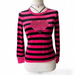pink & black striped velour tight fitted long sleeve w sequin heart & raw hem